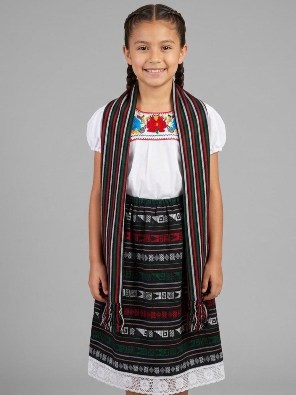 Hand Crafted Girls' Traditional Costume in Black, Red, White